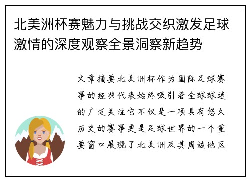北美洲杯赛魅力与挑战交织激发足球激情的深度观察全景洞察新趋势