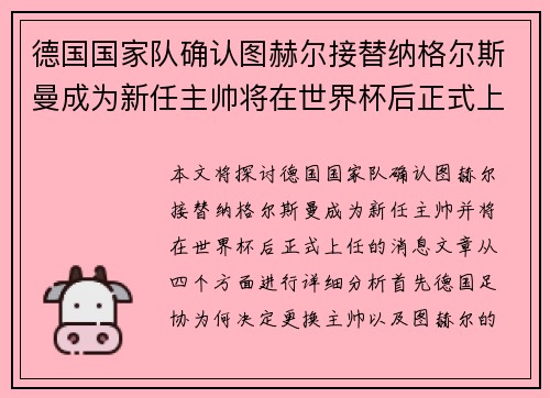 德国国家队确认图赫尔接替纳格尔斯曼成为新任主帅将在世界杯后正式上任